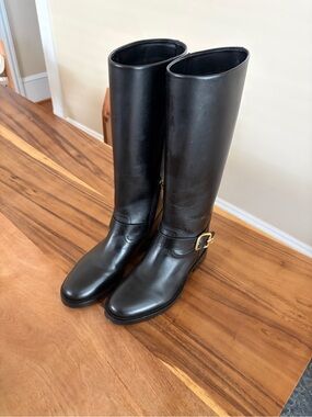 Coach Black Leather Tall Riding Boots with Gold Buckle